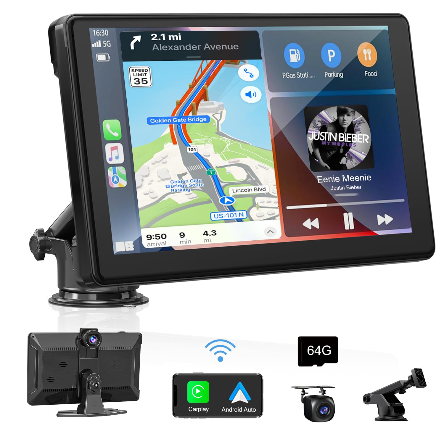 Carplay Screen for Car9" Portable Wireless Car Stereo Touchscreen for Apple Carplay&Android Auto With 4K Dash Cam/HD Backup Camera/GPS Navigation/Mirror Link/Voice Control/BT/AUX/Car Audio Receivers