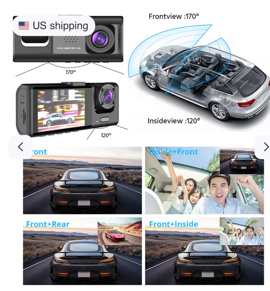 Car Dual Lens Dash Cam — 1080P HD Front, Rear & Interior Recording Camera System